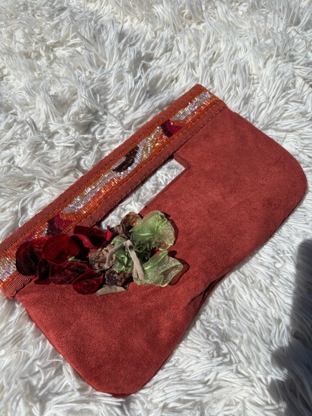 Rust Suede Floral Accent Wristlet Clutch